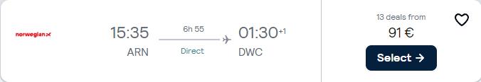 Non-stop flights from European cities to Dubai, UAE from only €91 one-way. Flight deal ticket image.
