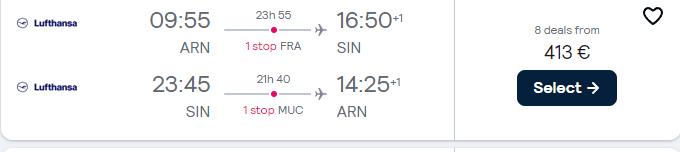 Cheap flights from Stockholm or Gothenburg, Sweden to Singapore from only €413 roundtrip with Lufthansa. Flight deal ticket image.