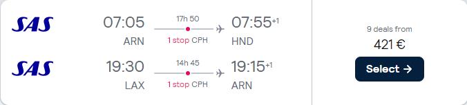 Open-jaw flights from Stockholm, Sweden to Tokyo, Japan returning from Los Angeles, USA for only €421 roundtrip with Scandinavian Airlines. Flight deal ticket image.