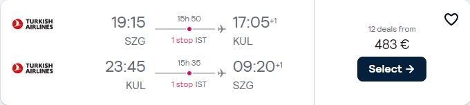 Cheap flights from Salzburg, Austria to Kuala Lumpur, Malaysia for only €483 roundtrip with Turkish Airlines. Flight deal ticket image.