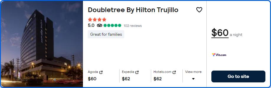 Stay at the 4* Doubletree By Hilton Trujillo in Trujillo, Peru for only $60 USD per night. Flight deal ticket image.
