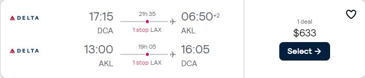 Cheap flights from Washington DC to Auckland, New Zealand for only $633 roundtrip with Delta Air Lines. Flight deal ticket image.