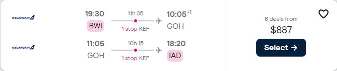 Cheap flights from Washington DC to Greenland for only $887 roundtrip. Flight deal ticket image.