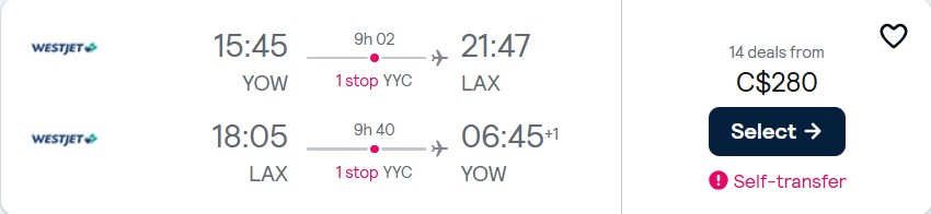 Summer flights from Ottawa, Canada to Los Angeles, USA for only $280 CAD roundtrip. Flight deal ticket image.