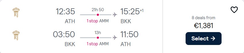 Click here to book this cheap flight deal. Business Class, summer flights from Athens, Greece to Bangkok, Thailand for only €1381 roundtrip. Flight deal ticket image.