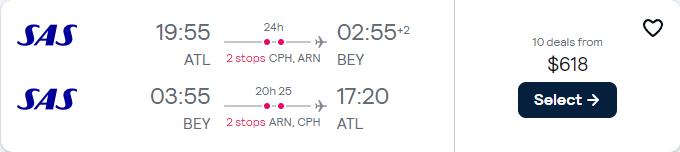 Click here to book this cheap flight deal. Summer flights from Atlanta to Beirut, Lebanon for only $618 roundtrip with Scandinavian Airlines. Flight deal ticket image.