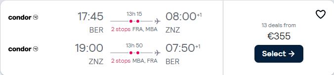 Last minute flights from Berlin, Germany to Zanzibar, Tanzania for only €355 roundtrip. Flight deal ticket image.