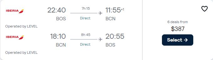 Non-stop flights from Boston to Barcelona, Spain for only $387 roundtrip. Flight deal ticket image.