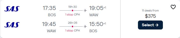 Click here to book this cheap flight deal. Summer flights from Boston to Warsaw, Poland for only $375 roundtrip with Scandinavian Airlines. Flight deal ticket image.