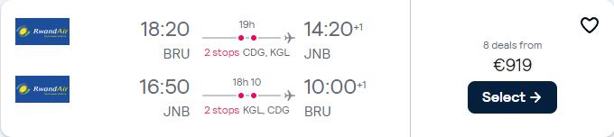 Click here to book this cheap flight deal. Business Class flights from Brussels, Belgium to Johannesburg, South Africa for only €919 roundtrip. Flight deal ticket image.