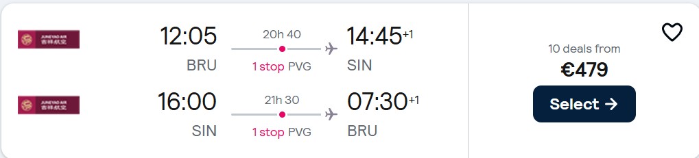 Cheap flights from Brussels, Belgium to Singapore for only €479 roundtrip. Flight deal ticket image.
