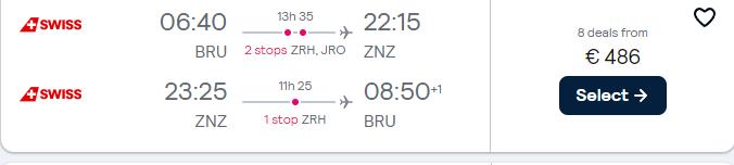 Cheap flights from Brussels, Belgium to Zanzibar, Tanzania for only €486 roundtrip with Brussels Airlines and Swiss International Air Lines. Flight deal ticket image.