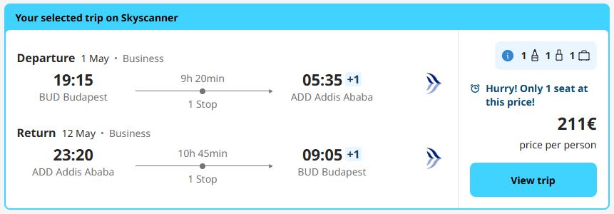 Error Fare Business Class, summer flights from Budapest, Hungary to Addis Ababa, Ethiopia for only €211 roundtrip with Aegean Airlines and Ethiopian Airlines. Flight deal ticket image.
