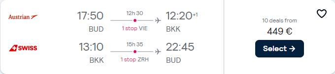 Cheap flights from Budapest, Hungary to Bangkok, Thailand for only €449 roundtrip with Austrian Airlines and Swiss International Air Lines. Flight deal ticket image.
