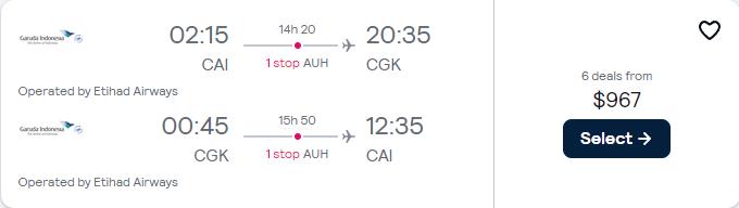 Click here to book this cheap flight deal. Business Class, summer flights from Cairo, Egypt to Jakarta, Indonesia for only $967 USD roundtrip with Etihad Airways. Flight deal ticket image.
