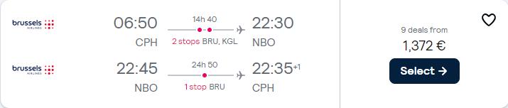 Business Class flights from Copenhagen, Denmark to Nairobi, Kenya for only €1372 roundtrip with Brussels Airlines. Flight deal ticket image.
