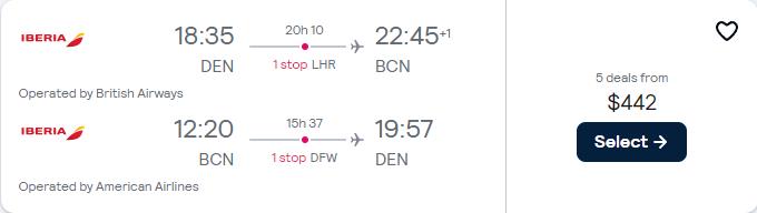 Cheap flights from Denver, Colorado to Barcelona or Madrid, Spain from only $442 roundtrip with British Airways and American Airlines. Flight deal ticket image.