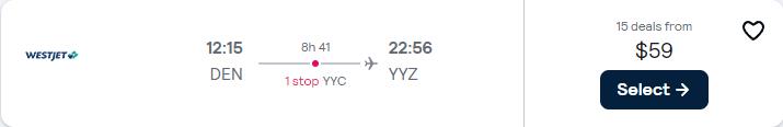 Cheap flights from Denver, Colorado to Toronto, Canada for only $59 one-way. Flight deal ticket image.