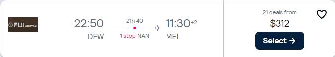 Click here to book this cheap flight deal. Cheap flights from US cities to Australian cities from only $312 one-way with Fiji Airways. Flight deal ticket image.