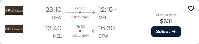 Click here to book this cheap flight deal. Cheap flights from Dallas, Texas to Melbourne, Australia for only $631 roundtrip with Fiji Airways. Flight deal ticket image.