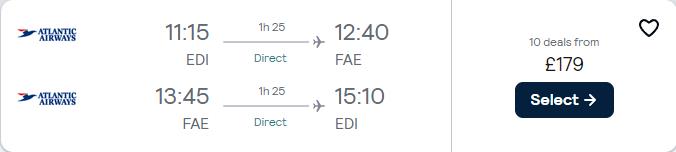 Non-stop flights from Edinburgh, Scotland to the Faroe Islands for only £177 roundtrip. Flight deal ticket image.