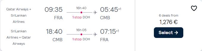 Business Class flights from Frankfurt, Germany to Colombo, Sri Lanka for only €1276 roundtrip with Qatar Airways and SriLankan Airlines. Flight deal ticket image.