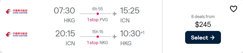Cheap flights from Hong Kong to Seoul, South Korea for only $245 USD roundtrip. Flight deal ticket image.