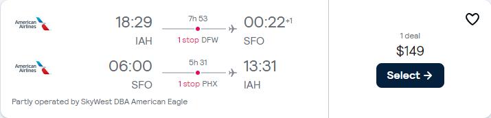 Click here to book this cheap flight deal. Cheap flights from Houston, Texas to San Francisco for only $149 roundtrip with American Airlines. Also works in reverse. Flight deal ticket image.