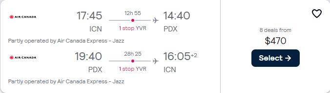 Cheap flights from Seoul, South Korea to Portland, Oregon for only $470 USD roundtrip with Air Canada. Flight deal ticket image.