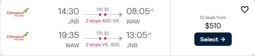 Click here to book this cheap flight deal. Cheap flights from Johannesburg, South Africa to Warsaw, Poland for only $510 USD roundtrip. Flight deal ticket image.