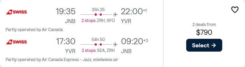 Click here to book this cheap flight deal. Cheap flights from Johannesburg, South Africa to Vancouver, Canada for only $790 USD roundtrip with Swiss International Air Lines and Air Canada. Flight deal ticket image.