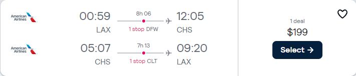 Cheap flights from Los Angeles to Charleston, South Carolina for only $199 roundtrip with American Airlines. Also works in reverse. Flight deal ticket image.