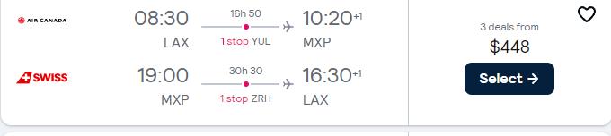 Cheap flights from Los Angeles to Milan or Rome, Italy from only $448 roundtrip with Air Canada and Swiss International Air Lines. Flight deal ticket image.