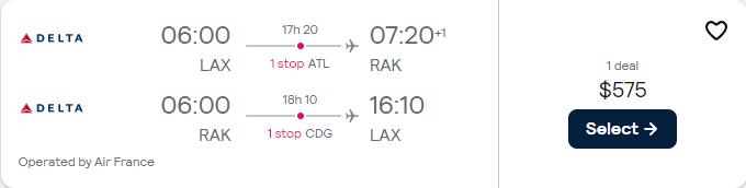 Cheap flights from Los Angeles to Marrakesh, Morocco for only $575 roundtrip with Delta Air Lines and Air France. Flight deal ticket image.