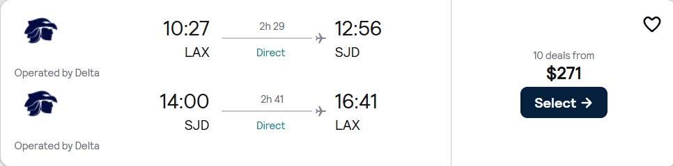 Non-stop flights from Los Angeles to San Jose del Cabo, Mexico for only $271 roundtrip with Delta Air Lines. Flight deal ticket image.