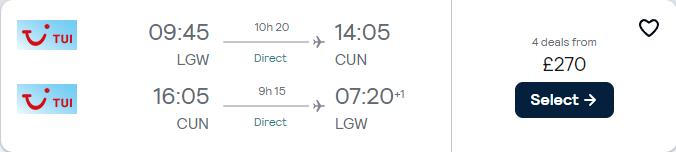 Non-stop, last minute flights from London, UK to Cancun, Mexico for only £270 roundtrip. Flight deal ticket image.