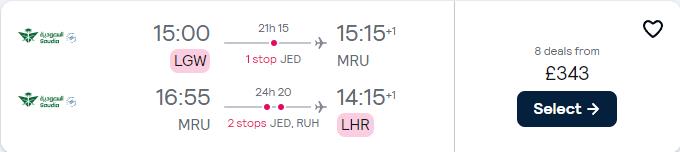 Click here to book this cheap flight deal. Cheap flights from London, UK to Mauritius for only £343 roundtrip. Flight deal ticket image.