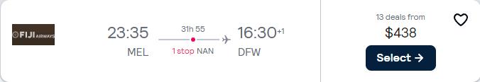 Cheap flights from Melbourne or Cairns, Australia to US cities from only $438 AUD one-way with Fiji Airways. Flight deal ticket image.