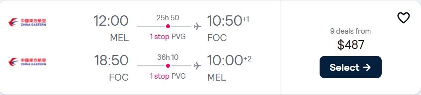 Cheap flights from Melbourne, Australia to Fuzhou, China for only $487 AUD roundtrip. Flight deal ticket image.