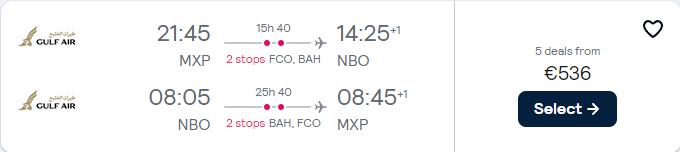 Error Fare Business Class flights from Milan or Rome, Italy to Nairobi, Kenya from only €536 roundtrip. Flight deal ticket image.