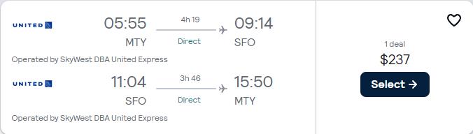 Non-stop flights from Monterrey, Mexico to San Francisco, USA for only $237 USD roundtrip with United Airlines. Flight deal ticket image.