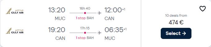Cheap flights from Munich or Frankfurt, Germany to Guangzhou, China from only €474 roundtrip. Flight deal ticket image.