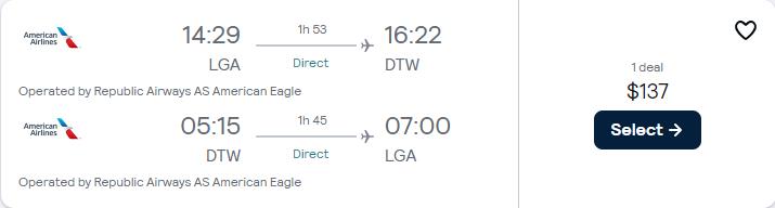 Non-stop flights from New York to Detroit for only $137 roundtrip. Also works in reverse. Flight deal ticket image.