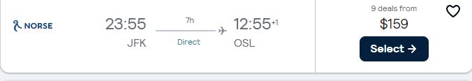 Non-stop, last minute flights from New York to Oslo, Norway for only $147 one-way. Flight deal ticket image.