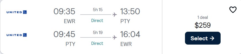 Click here to book this cheap flight deal. Non-stop flights from New York to Panama City, Panama for only $259 roundtrip with United Airlines. Flight deal ticket image.