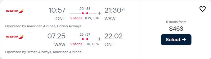 Click here to book this cheap flight deal. Cheap flights from Ontario, California to Warsaw, Poland for only $463 roundtrip with American Airlines and British Airways. Flight deal ticket image.
