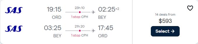 Cheap flights from Chicago to Beirut, Lebanon for only $593 roundtrip with Scandinavian Airlines. Flight deal ticket image.