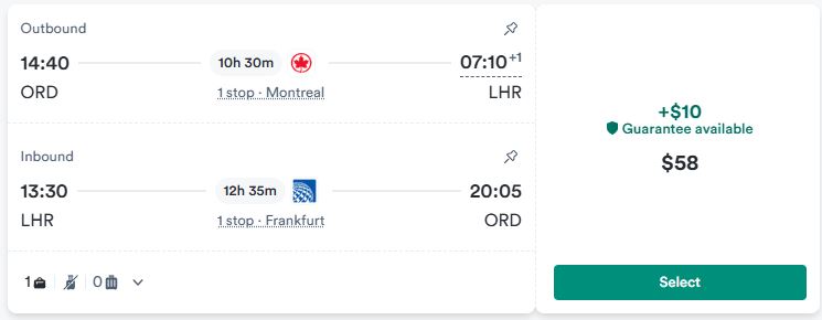 Click here to book this cheap flight deal. Error Fare flights from Chicago to London, UK for only $58 roundtrip with Air Canada and United. Flight deal ticket image.
