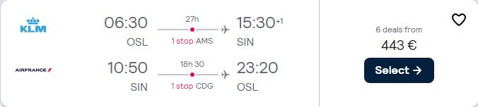 Cheap flights from Oslo, Norway to Singapore for only €443 roundtrip with KLM and Air France. Flight deal ticket image.