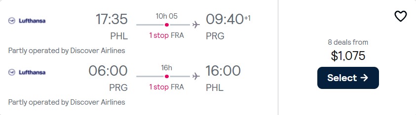 Business Class, summer flights from Philadelphia to Prague, Czech Republic for only $1075 roundtrip with Lufthansa. Flight deal ticket image.